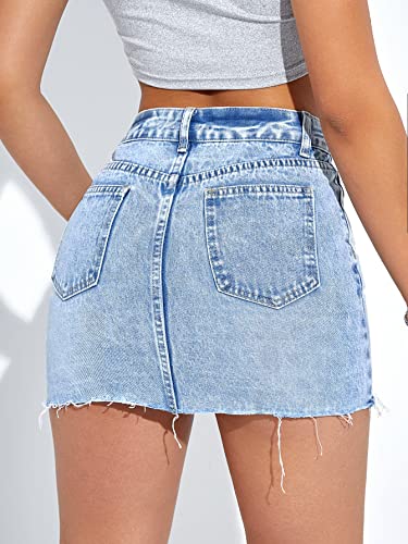 SweatyRocks Women's Casual Ripped Jean Skirt High Waist Raw Hem Mini Denim Skirts2
