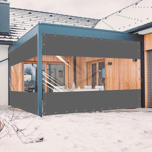 Ezcasch 20 Oz Outdoor Vinyl Curtain, Outdoor Clear Panel Curtain, Weather Resistant Outdoor Curtain For Pergola, Porch, Gazebos, With Rustproof Grommets (8'H X 10'W, Dark Gray)