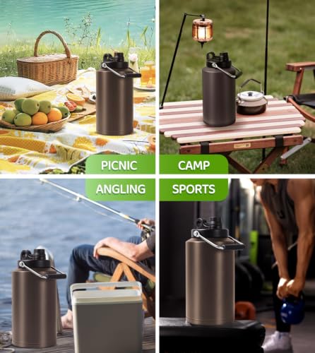 Image of Insulated Water Bottle,1 Gallon Jug with Handle, 128oz Stainless Steel, Large Water Wide Mouth Bottle for Hot & Cold Drinks, Ideal for Travel, Camping, Family (Dark Khaki)