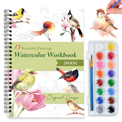 Watercolor Workbooks for Adults Beginners & Teens 16 Colors 15 Beautiful Paintings Pre-Outlined Designs Easy Watercolor Art BookBird