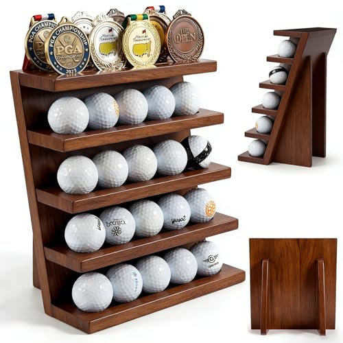 Jialitang 100% Solid Cypress Wood Golf Ball Display Golf Ball Display Rack No Assembly Required Cabinet with 20 Ball Slots and Slotted Medal Holders Sturdy and Durable Gift for Golf Lovers