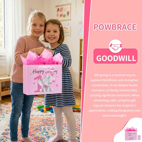Image of Powbrace 13 inch 1st Birthday Gift Bag with Tissue Paper and Greeting Card for Party, Happy Birthday Gift Bag for Men Women,Gift Bags Medium size(1 PCS Pink Cartoon)