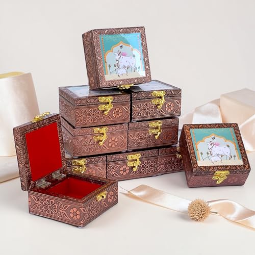 Image of Handcrafted Wooden Jewellery Box Copper Oxidised Finish (4 x 4 inch) - Pack of 10 | Pichwai Cow Design Jewellery Organiser | Storage Wooden Box for Women Puja Festive Gifting | Sacred Teal