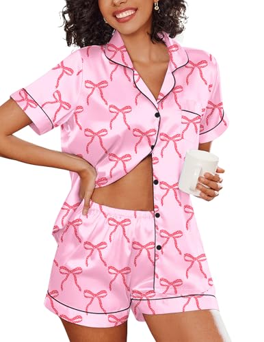 Image of Ekouaer Women's Silk Satin Pajama Set Short Sleeve Pjs Shorts Set S-XXL