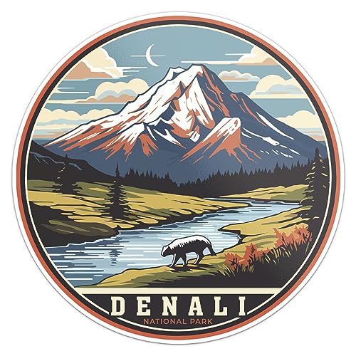 Image of Denali National Park Sticker - Waterproof Vinyl Decal for Car Bumper, Laptop, Luggage, Water Bottle, Wall, and Window, Size - 3'' X 3''