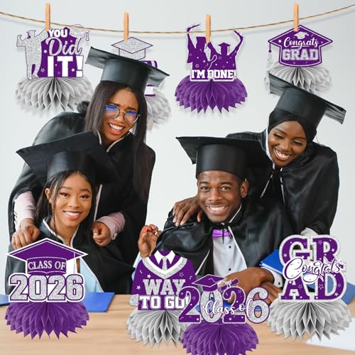 Image of 12pcs Graduation Table Decorations 2026, Purple Graduation Decorations 2026 Purple and Silver Graduation Centerpieces for Tables,Class of 2026 Centerpieces Honeycomb for Congrats Grad Table Decor