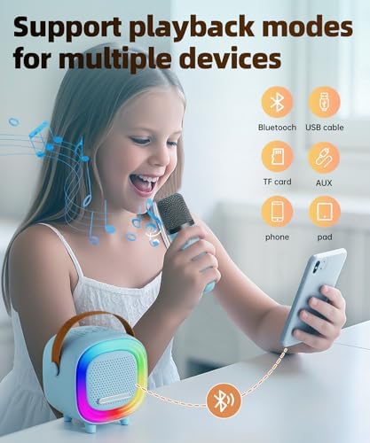Kids Karaoke Machine Toy Ages 3-12, Mini 2 Wireless Mics BT Speaker, Blue — view 4