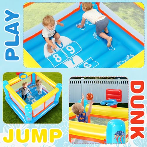 Aufblasbare Hüpfburg für Kinder von 3–6 Jahren, kleines PVC-Hüpfburg-Spielhaus mit Hüpfkissen, Basketballkorb und Hüpfspiel, inklusive Luftpumpe