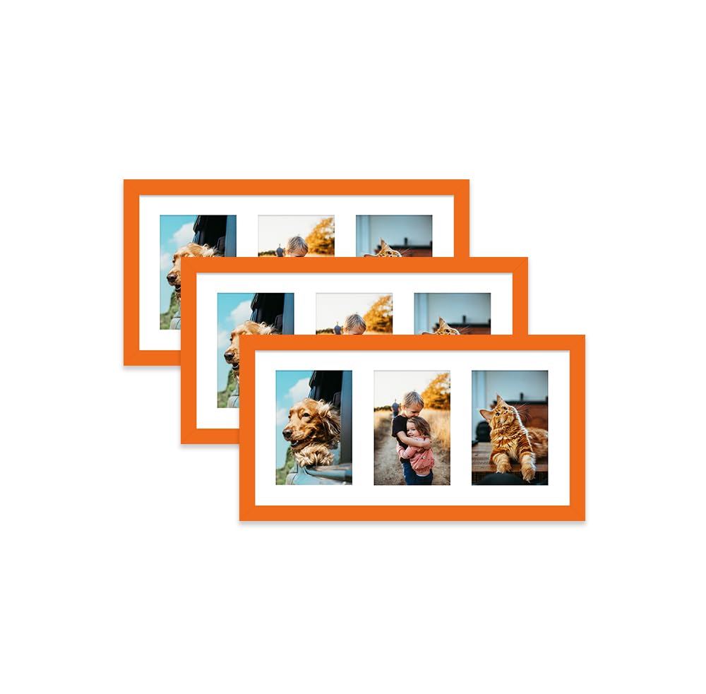 Orange Multi Photo Frame - Holds 3 x 6x4 Pictures, Family Collage Picture Frame for Wall Display, 8x16 Panoramic Frame Size, Set of 3