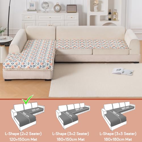 Image of HOKIPO Folk Garden L Shape (2+2 Seater) Sofa Seat Mat with Tassel| Quilted Sofa Cover Mat, 'Tassel Twigs' Series (IN-983-T9 + IN-984-T9)