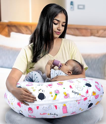 Image of Baby Feeding Pillow Cotton|Maternity Feeding Pillow Portable & Adjustable|Nursing Pillow for Mother and New Born Baby (Panda Pink)