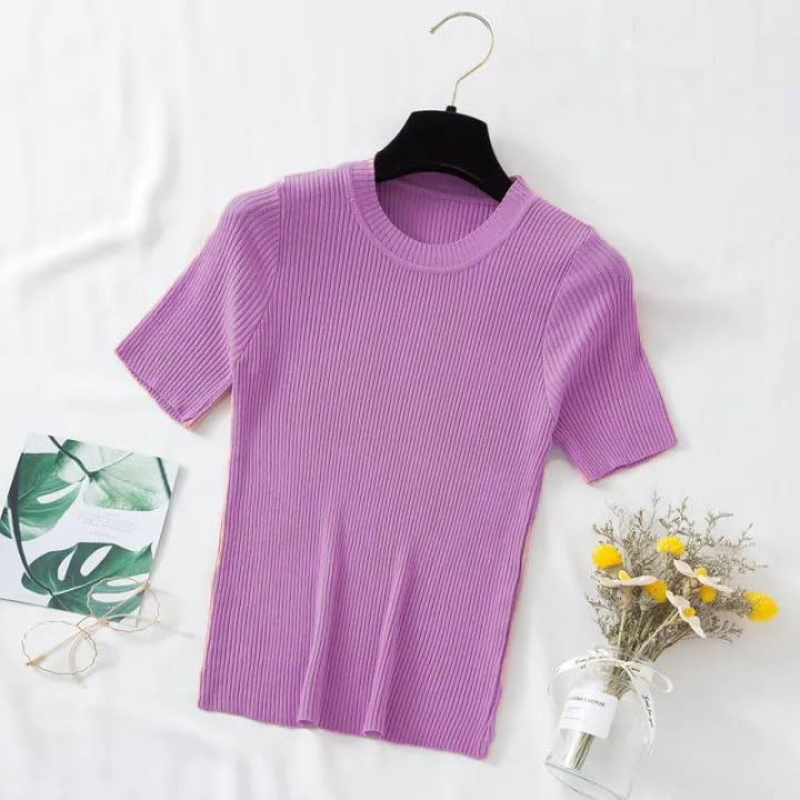 Image of Istyle Can Women Ribbed Slim Fit Top | Stretch Cotton Knit Crew Neck T-Shirt | Solid Casual Short Sleeve Tee for Office, Layering