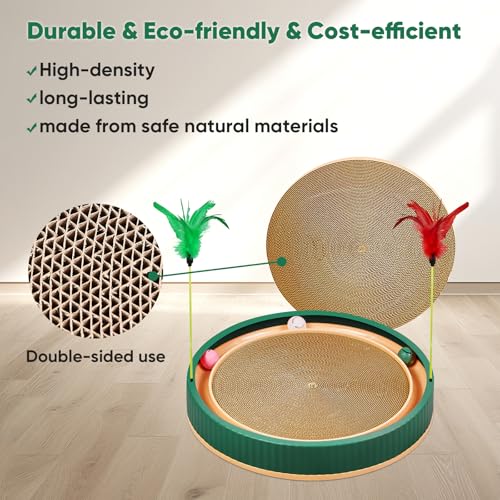 20-Inch Round Cat Scratcher with Ball Track – 3-in-1 Cardboard Scratching Pad with Feather Toy & Non-Slip Base – Interactive Cat Toy for Indoor Cats, Kittens & Large Cats (Green)