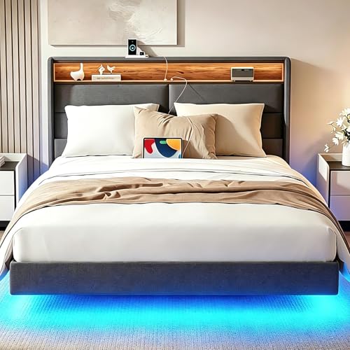 Fulasofia Floating Double Bed Frame with LED Lights and Charging Station 4ft6 Upholstered Storage Headboard Modern Metal Platform Bed with Under-Bed Space No Box Spring Needed Noise Free