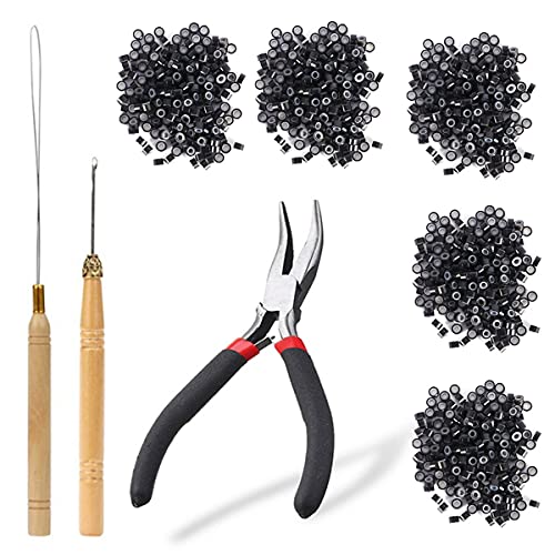 Tototoo Hair Extension Tool Kit For Hair Tinsel, Pliers Pulling Hook Crochet 500 PCS Black Color Micro Silicone Rings Be