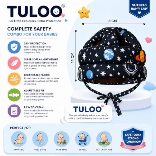 Image of Baby Infant Toddler Helmet No Bump Safety Head Cushion Bumper Bonnet Adjustable Protective Printed Cap Child Safety Headguard for Running Walking Crawling Safety Helmet (Black)