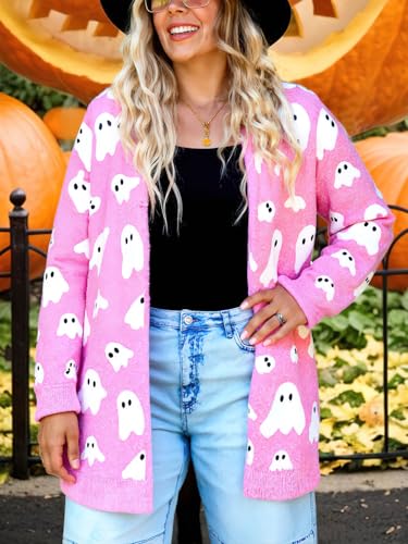 ebossy Women's Fall Fashion Ghost Print Open Front Long Cardigan Casual Furry Knit Long Sleeve Sweaters 2025 Winter Coats2