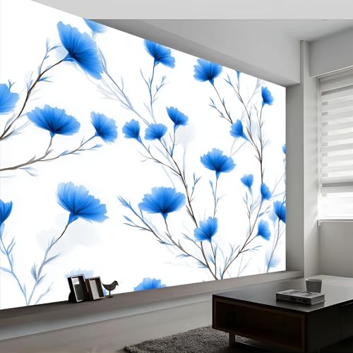 Nature Fleurs Fleurs Bleues Branches Papier Peint Panoramique Pour Garçons filles, 200 x 140 cm Bleu Poster Géant Mural 3D, Décoration Murale Premium Pour...