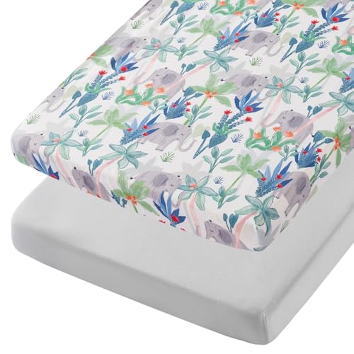 Image of TILLYOU Mini Crib Sheets Fitted 2 Pack, Pack and Play Sheets for Toddler Mattress, Soft and Breathable 38'' x 24'' Pack n Play Mattresses Cover, Rainforest Elephant & Grey
