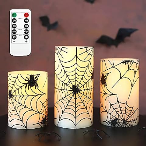 GORGE MOMENT Halloween Decor Flickering Flameless Candles with Remote, Spiderweb Battery Operated Candle Set (3 Pack), Real Wax LED Pillar Candle for Halloween Holiday Home Decor Horror Theme Ornament Cover