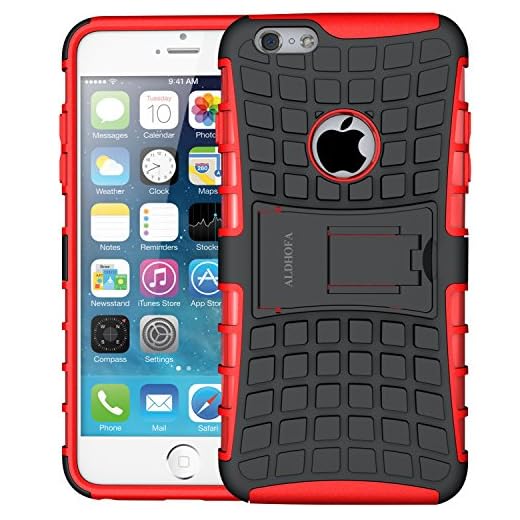 iPhone 6-fodral, iPhone 6s-fodral, ALDHOFA skyddande telefonfodral, dubbla lager TPU hårt fodral med ställ för iPhone 6/6S fodral – röd