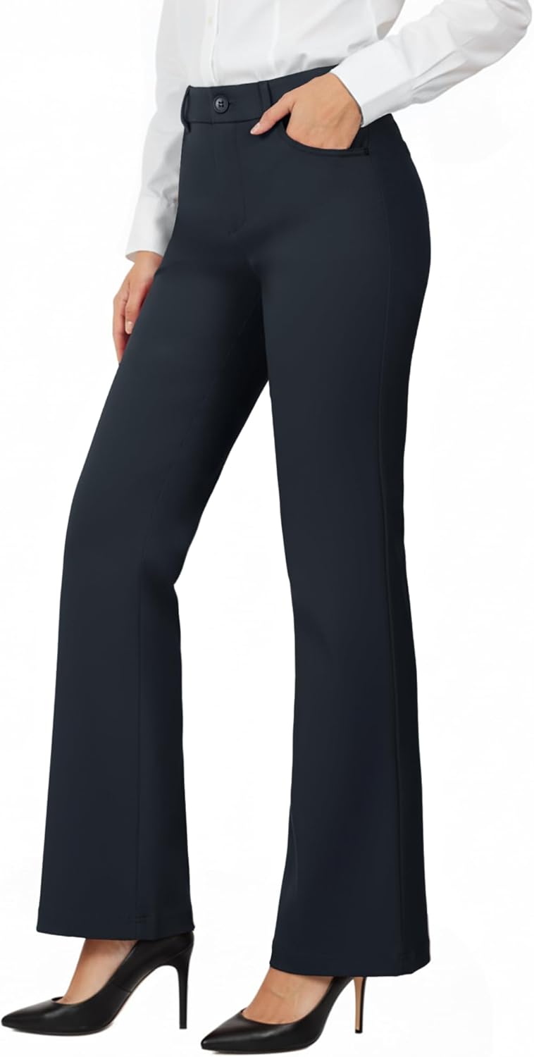 Womens Straight Leg Dress Pants Stretchy Bootcut Work Pants Button Casual Slacks with Pockets