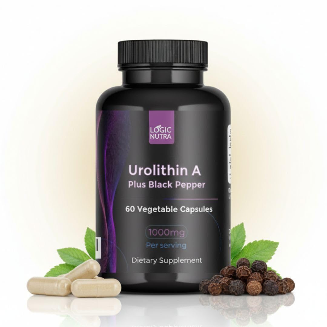 Urolithin A Plus Black Pepper Extract - 1000mg per Serving - Non-GMO, Vegan and Gluten-Free - 60 Veggie Capsules - Dietary Supplement (Unflavored)