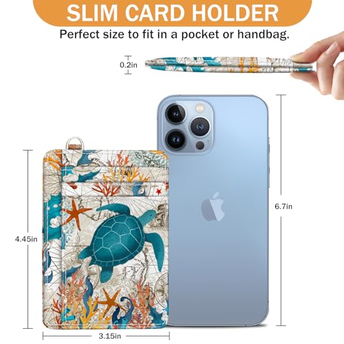 Credit Card Holder Slim Wallet, Sea Turtle RFID Wallet Women Front Pocket Small Card Holder Travel Cute Funny Thin Card Case ID Window PU Leather RFID Blocking Card Organizer Gifts Girls