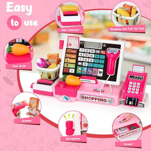 Image of SHAKTISM Cash Register with Lights & Sounds for Pretend Play Electronic Toy Set with Scanner Shopping Basket Grocery Best Gift for 3+ up Ages Kids Boys & Girls (Cash Register 818)