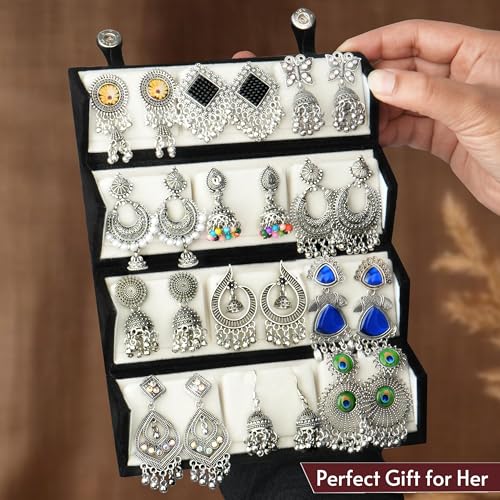 Image of Ishq E Jhumka Oxidized Metal Designer Earring Set of 12 with Folding Jewelry Box | Minimalist & Traditional Jhumka Set for Womens & Girls