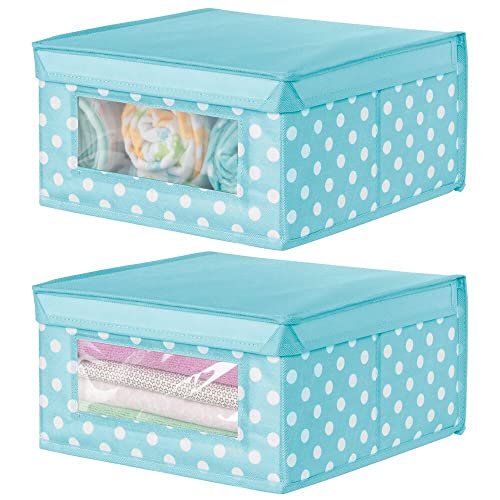 Image of mDesign Medium Soft Stackable Fabric Baby Nursery Storage Organizer Holder Bin Box with Front Window and Lid for Child/Kids Bedroom, Playroom, Classroom - 2 Pack - Turquoise Blue/White Polka Dot