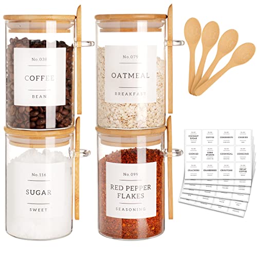Image of CZZGSM Glass Jar with Bamboo Lid and Spoon - 4 Pcs 17 oz Sugar Container with 132 Food Pantry Labels - Glass Containers with Wooden Lids Hold Coffee, Tea, Candy