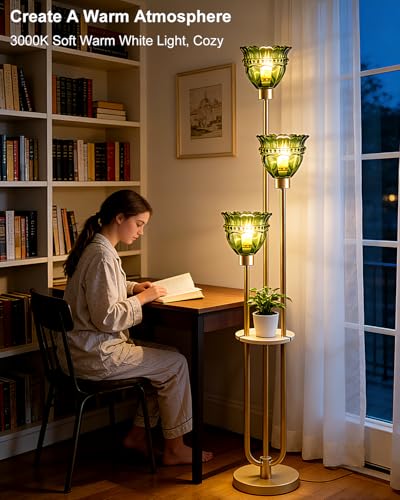 Image of Lightdot 3-Lights Glass Floor Lamp for Living Room Modern Gold Floor Lamp with Green Glass Shade 3000K Bulbs Included Tall Standing Lamp with 5Lb Heavy Base for Bedroom /Sofa Corner Decor-Foot Switch