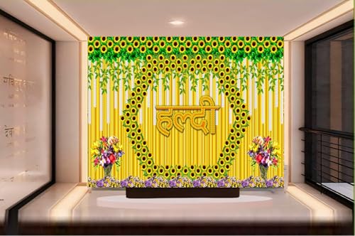 Image of DARSHANAM WORLD Wedding Decorative Cloth for Haldi & Mehndi Ceremony, Photoshoot, Haldi Background Enhancer for Mehndi Ceremony (8x5 ft, 3D Printed Backdrop with Floral & Logo Design) (Yellow)