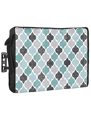 Outdoor TV Cover 80 to 85 Inches, Geometric Cyan-blue Vintage Moroccan Pattern Waterproof and Weatherproof TV Cover with Remote Control Pocket, Flat Screen TV Cover Protector for Outside TV