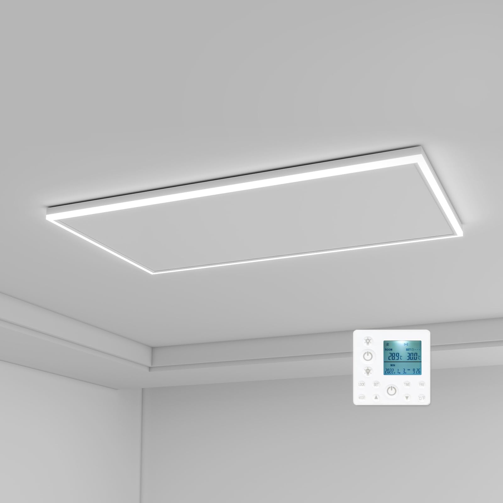 Calefacción por infrarrojos con termostato, calefacción de techo de 700 W, iluminación LED, luz blanca fría/cálida, brillo ajustable, calefacción por infrarrojos