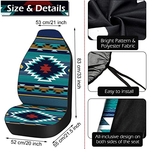 Riakrum 15 Pcs Blue Aztec Print Car Seat Covers Full Set For Men Women Rubber Steering Wheel Cover Armrest Cover Seatbelt Covers Polyester Fabric Front Seat Rear Backrest Cover Bottom Cover Universal #TOP1