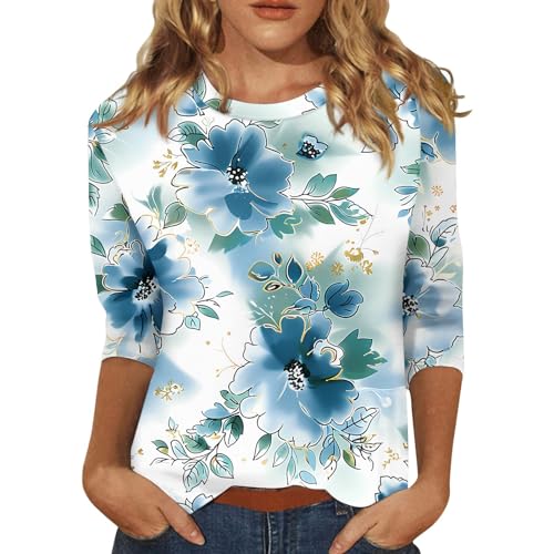 HTHLVMD Womens 3/4 Length Sleeve Tops 2025 Fall Fashion Floral Print Crewneck Causal Trendy Tunic Tops for Women