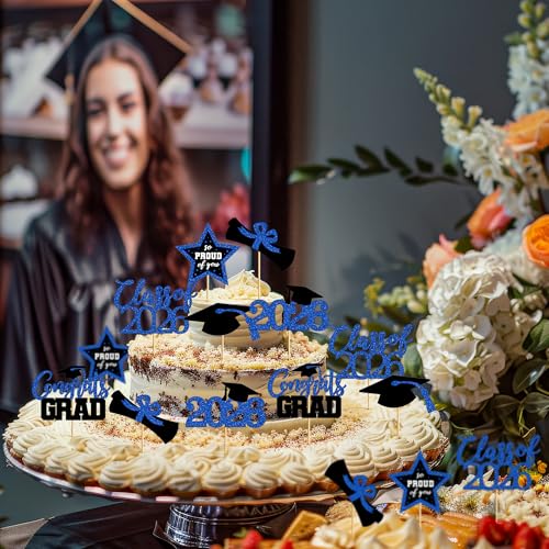 Image of 48 PCS Grad Cupcake Toppers, 6 Styles Graduation Cake Topper, Congrats Graduation Decorations 2026, Glittery Black and Blue Cap and Diploma Cake Picks for Grad Decor Party Supplies