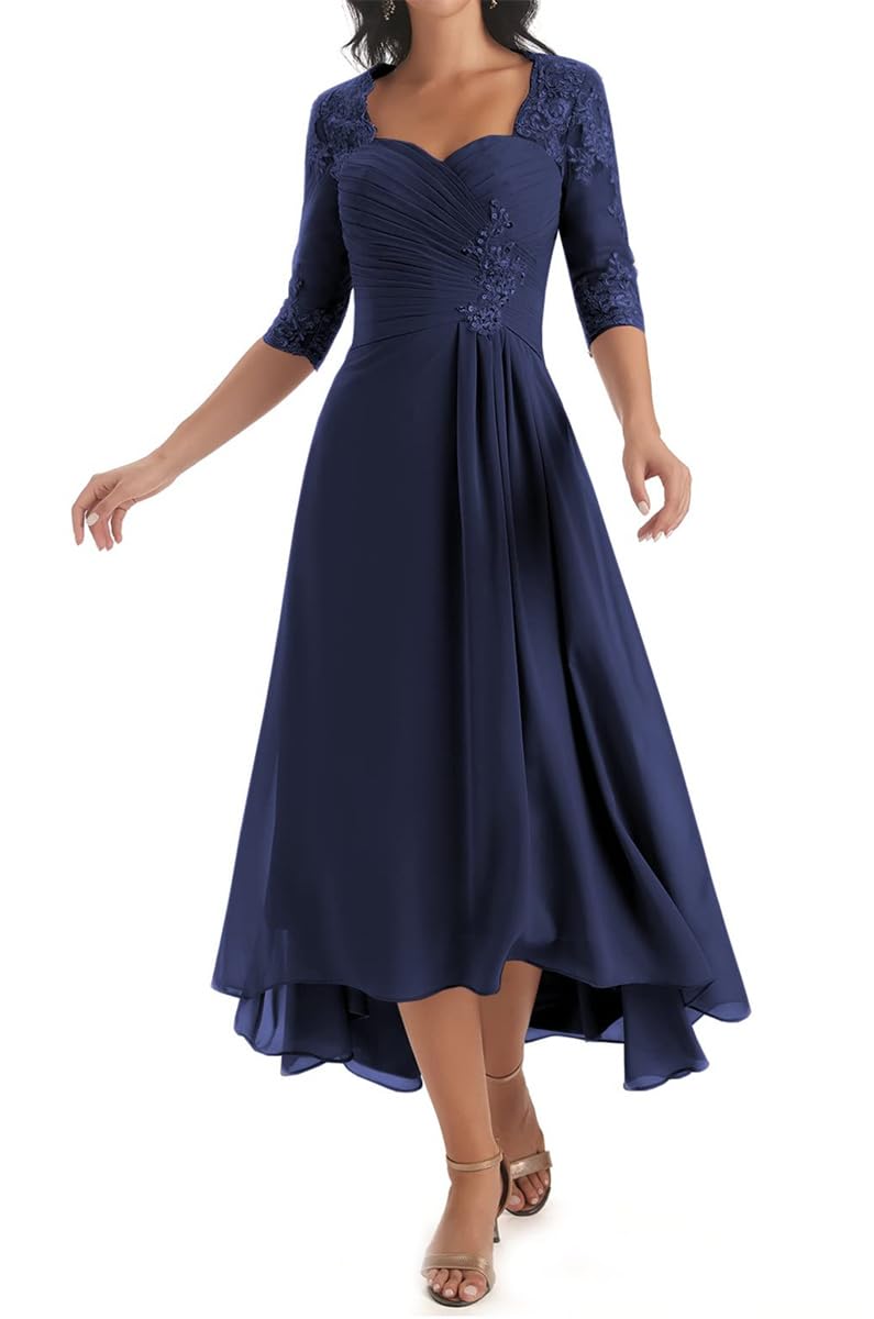 HPPEE Navy Blue Mother of The Groom Dresses with Sleeves for Women Lace Applique Chiffon Mother of The Bride Dress Formal Gown UK12