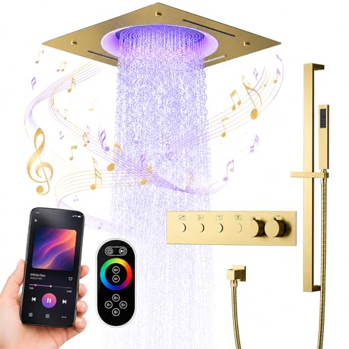 Columna Ducha Empotrada Led,con Luces 64 LED y Música,Termostática 3 Modos de Ducha, Ducha de Mano Juego de Ducha Oro Oro cepillado