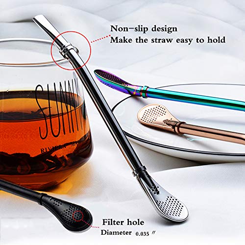 Image of Yerba Mate Bombilla Stainless Steel Straw Loose Leaf Tea Infuser Dringking Spoons Filter Stirring Straws Pack of 5 with 2 Cleaning Brush
