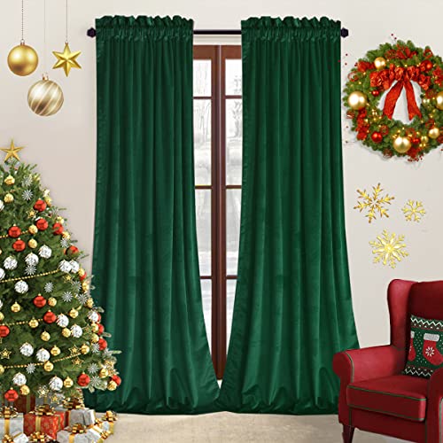 Image of Green Velvet Curtains 84 inches Long - Luxury Green Curtains, Light Blocking Rod Pocket Drapes for Living Room and Bedroom, Set of 2, 52 inch x 84 inch, Emerald Green