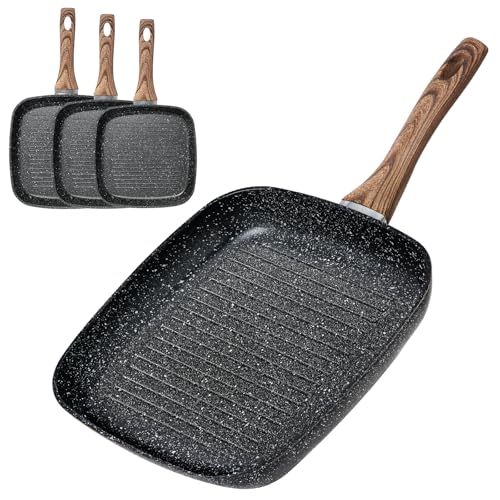 Image of Aidoly Nonstick Grill Pan Set – 3 Pieces Square Griddle Pans with Wooden Handle, Compatible with All Stovetops, Perfect for Steak, BBQ, Vegetables (9.5", 10.2", 11") Dark Black