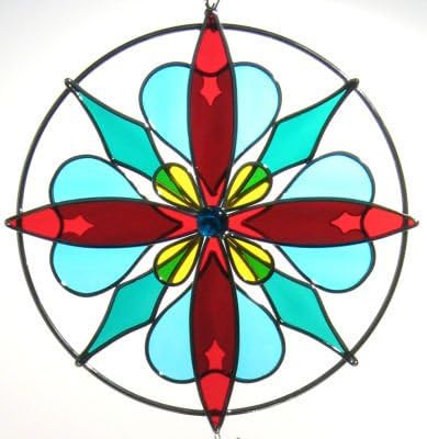 Hanging Stain Glass Kaleidoscope on Wire Ring - Blue Red Yellow & Teal