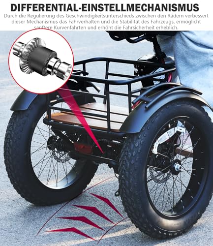 NOMOGO Elektro-Dreirad Für Erwachsene Aluminium Faltbares E-Bike,48V 15.6Ah Akku,7 Gang Elektrofahrrad 25 km/h und 90–110km Reichweite 20”x4” Fat TiresVorder&Differenzial – Bild 5