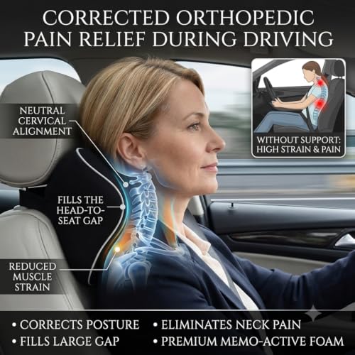 Image of Large Orthopedic Car Neck Rest Pillow for Relieving Neck Pain | Extra Comfort Support for Greater Head-to-Seat Gaps | Memory-Active Foam Cervical Headrest Cushion for Driving (Black)