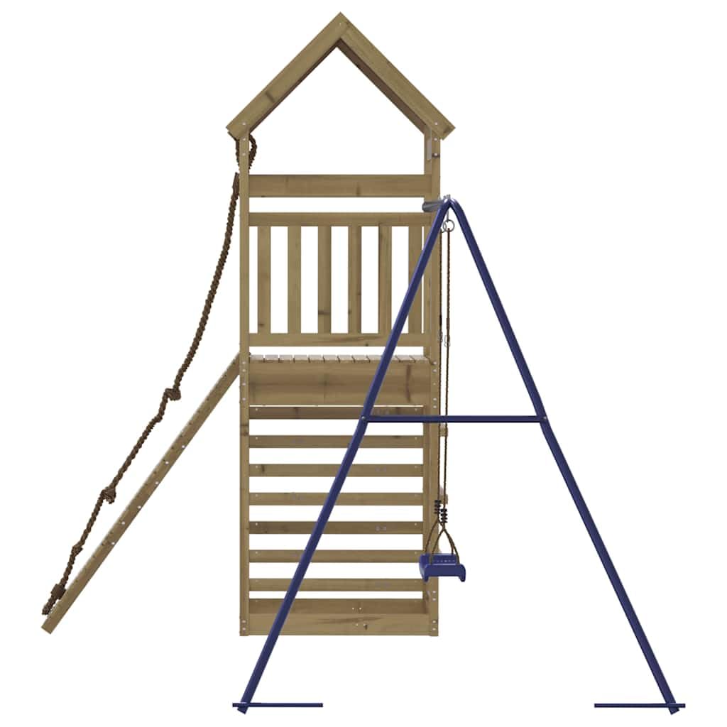 Set de juego exterior para niños de madera de pino con torre y columpio