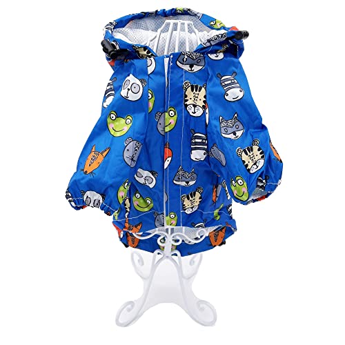 Dog Raincoat Hooded Leash Hole Waterproof Rain Coat Jacket Rainwear For Small Pet Cat Puppy (S: Length - 12", Blue Animal) #TOP2