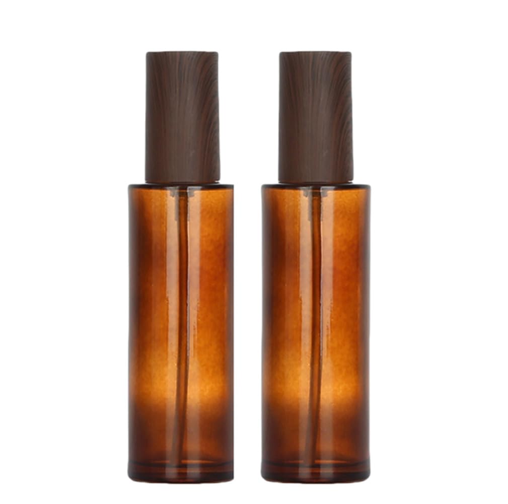 ASTRQLE 2 Pack 100ml Amber Glass Bottles with Plastic Wood Grain Lid and Black Pump Refillable Travel Size Lotion Containers for Skincare Cosmetics Creams Moisturizers